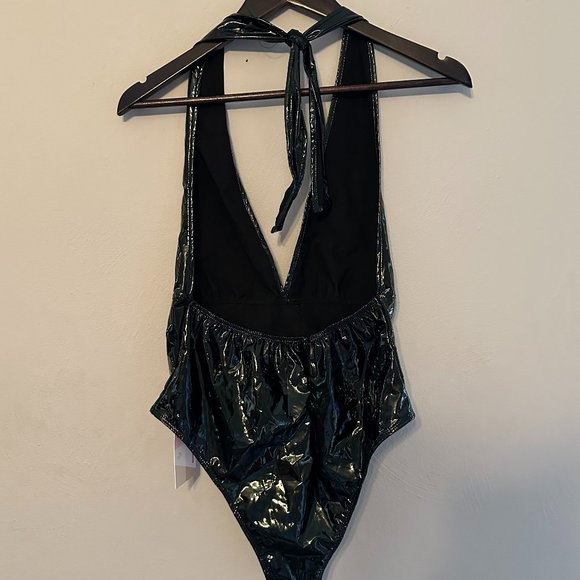 NWT WDIRARA Women's Deep V-Neck Halter-Top PU Leather Skinny Bodysuit Size S - Picture 11 of 16